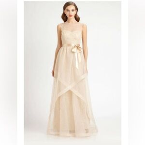 Rickie Freeman For Teri John Swiss Dot Gold Sheer Tulle and Lace Gown 16